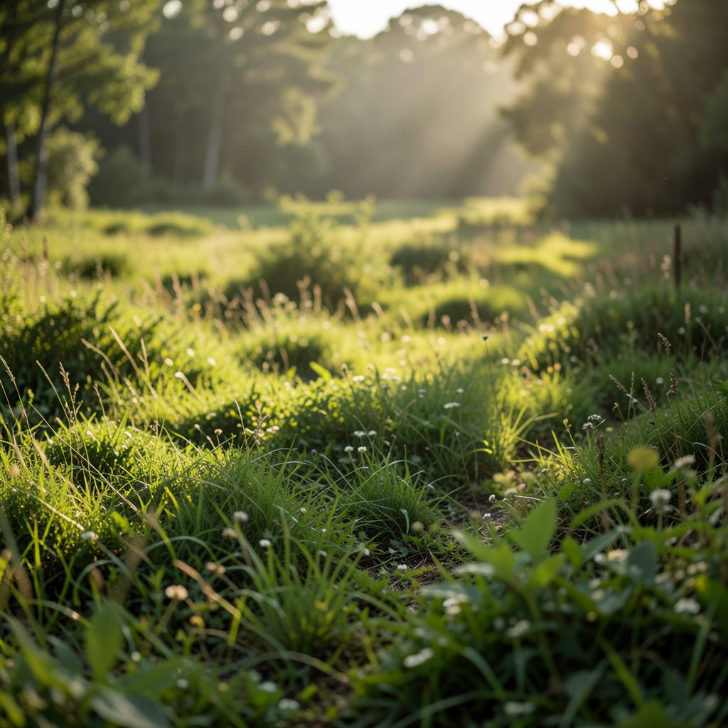 Rich forest green field with soft natural light, earthy and grounded atmosphere